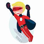 Red superhero boy fighting with fist. Vector cartoon Illustration