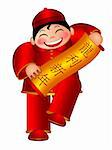Chinese Boy Holding Scroll with Text Wishing Good Luck in the Year of the Dragon Illustration Isolated on White Background