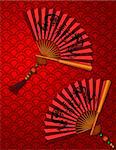 Chinese Fans with Dragon Text Calligraphy and Prosperity Word on Tag on Red Scales Background Illustration