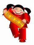 Chinese Girl Holding Scroll with Text Wishing Happiness and Wealth in New Year Illustration Isolated on White Background