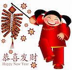 Chinese Girl Holding Firecrackers with Text Wishing Happiness and Fortune and Bringing in Wealth and Treasure in New Year Illustration