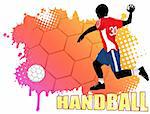 Handball action player on grunge poster background, vector illustration