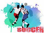 Soccer action players on grunge poster background, vector illustration