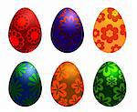 Six Colorful Happy Easter Day Eggs with Floral Designs Illustration Isolated on White Background