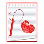 Notebook with hand drawn hearts and red pencil, vecctor eps10 illustration