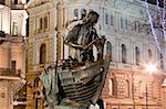Horizontal view of statue Peter the Great carpenter at night, St. Petersburg, Russia