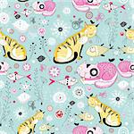 Seamless floral pattern of the cats and fish on a light blue background
