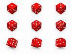 Red dice from different positions on a white background