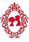 kissing couple in antique picture frame, vector background
