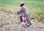 Little girl riding bicycle in autumn landscape, rear view