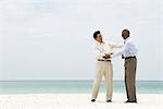 Two businessmen shaking hands on the beach, smiling at each other