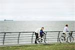 Father helping son learn to ride bicycle at seaside park, mother riding ahead