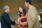 Businesswoman shaking hands with male colleague