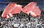 Uncooked T-bone steaks on barbecue grill
