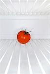 Single tomato sitting on shelf inside refrigerator