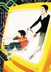 Young woman and child emerging from computer monitor, child in shopping cart, digital composite.