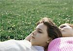 Girl and mother lying on grass