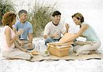 Two mature couples having picnic on beach