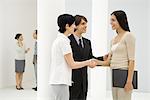 Two businesswomen standing beside male colleague, shaking hands, smiling at each other