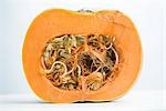 Sprouting pumpkin seeds and fibrous strands within cut pumpkin, cross section