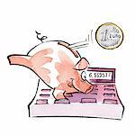 Piggy bank on calculator and euro coin