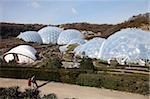 View from top road of Biomes at Eden Project, St. Austell, Cornwall, England, United Kingdom, Europe