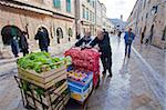 Fruit and vegetables going to market in the streets of the Old Town, Stradun (Placa), Dubrovnik, Croatia, Europe