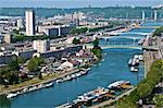 Panorama, with Lacroix Island, Seine River, bridges and boats, seen from St. Catherine Mountain, Rouen, Normandy, France, Europe