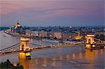 Panorama of the city at sunset with the Hungarian Parliament building, and the Chain bridge (Szechenyi Lanchid), over the River Danube, UNESCO World Heritage Site, Budapest, Hungary, Europe