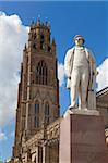 The Boston Stump, St. Bartolph's Church, with a statue of Herbert Ingram the founder of The Illustrated London News, Wormgate, Boston, Lincolnshire, England, United Kingdom, Europe