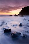 Twilight on the beach at Duckpool on the North Cornish Coastline, Cornwall, England, United Kingdom, Europe