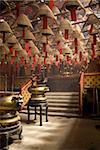 Burnign incense cones hung from the ceiling, Man Mo Temple, Sheung Wan, Hong Kong, China, Asia