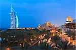 Burj Al Arab viewed from the Madinat Jumeirah Hotel at dusk, Jumeirah Beach, Dubai, United Arab Emirates, Middle East