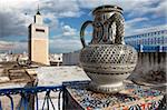 Minaret of the Great Mosque (Jamaa el Zitouna ) and local pottery, Medina, UNESCO World Heritage Site, Tunis, Tunisia, North Africa, Africa