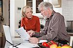 Senior couple looking concerned with bills and laptop