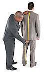 Male tailor fitting a man with a suit over white background