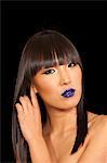 Stylish woman with straight hair and vibrant blue lipstick