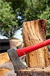 Close-up of axe wedged into tree stump