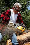 Forestry worker cutting tree with chainsaw