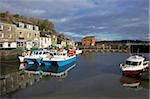 Soleil d'hiver sur les bateaux de pêche à Padstow harbour, Cornwall, Angleterre, Royaume-Uni, Europe