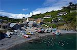 Fishing boats on the beach at Cadgwith, Lizard Peninsula, Cornwall, England, United Kingdom, Europe