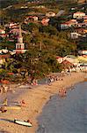 Beach and church, Grande Anse, Les Anses d'Arlet, Martinique, Windward Islands, French Overseas Department, West Indies, Caribbean, Central America