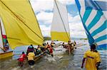 Gommier (traditional boat) race, Les Trois-Ilets, Martinique, French West Indies, Caribbean, Central America