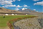 Nomad Kazakh family and yurts, Region of Bayan Ulgii, Mongolia, Central Asia, Asia