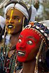 Wodaabe (Bororo) man with his face painted at the annual Gerewol male beauty contest, a general reunion of West African Wodaabe Peuls (Bororo Peul), Niger, West Africa, Africa