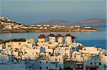 Five windmills (Kato Mili), old harbour, Mykonos town, Chora, Mykonos Island, Cyclades, Greek Islands, Greece, Europe