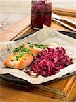 Salmon and red cabbage à l'escabèche with coriander,ginger and sugar