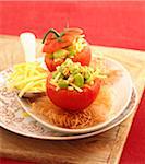 Tomatoes stuffed with broad beans and  small sticks of Beaufort