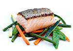 Thick piece of salmon with stea-cooked vegetables