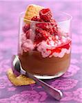 Chocolate cream dessert with raspberry mousse